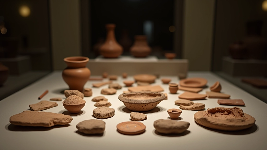 Moliniai indai ir archeologiniai radiniai ant stalo